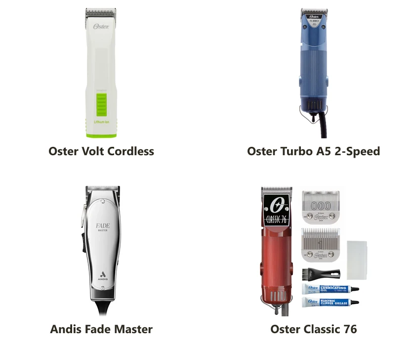 Oster Volt Cordless, Oster Turbo A5 2-Speed, Andis Fade Master, and Oster Classic 76 clippers
